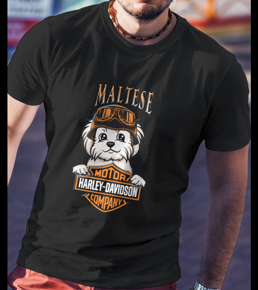 Maltese Harley Davidson Motor Company Dog With Goggles T-Shirt