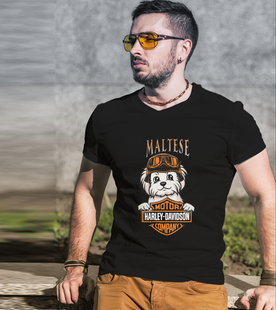 Maltese Harley Davidson Motor Company Dog With Goggles T-Shirt