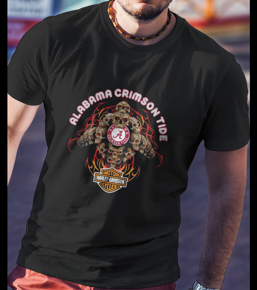 Alabama Crimson Tide Harley Davidson Skulls Flame T-Shirt