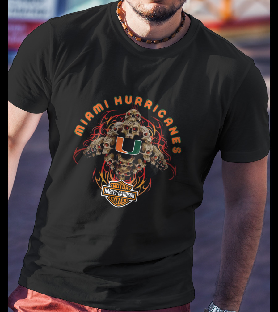 Miami Hurricanes U Harley Davidson Skulls Fire T-Shirt