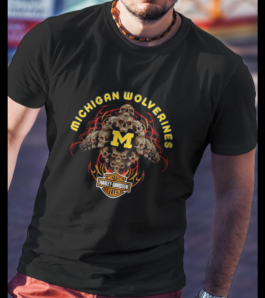 Michigan Wolverines Harley Davidson Skulls T-Shirt