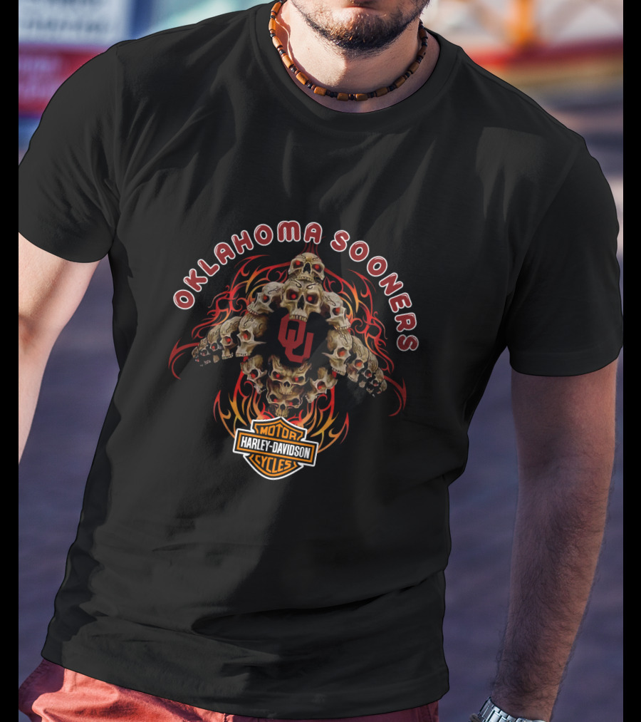 Oklahoma Sooners Harley Davidson Skulls Flame T-Shirt