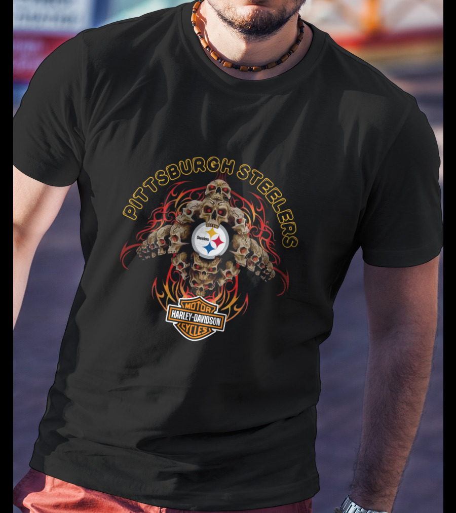 Pittsburgh Steelers Harley Davidson Motorcycle Skulls T-Shirt
