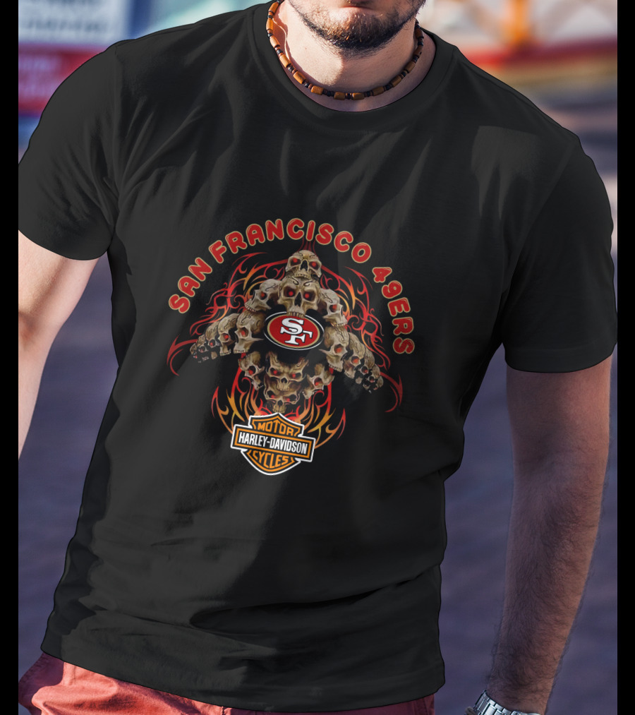 San Francisco 49ers Harley Davidson Skulls Logo Blend T-Shirt