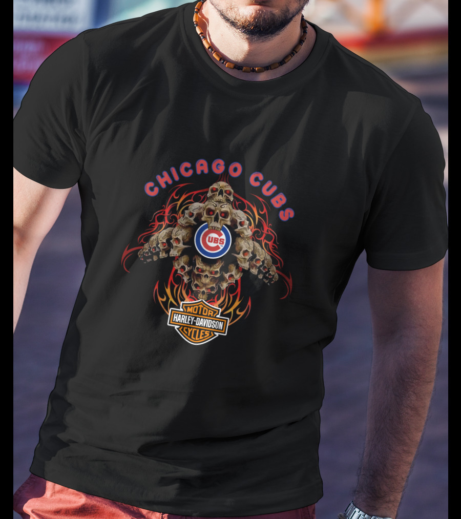 Chicago Cubs Harley Davidson Motorcycles Skulls T-Shirt