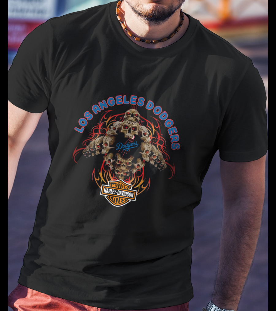 Los Angeles Dodgers Harley Davidson Skull Flame Motorcycle T-Shirt