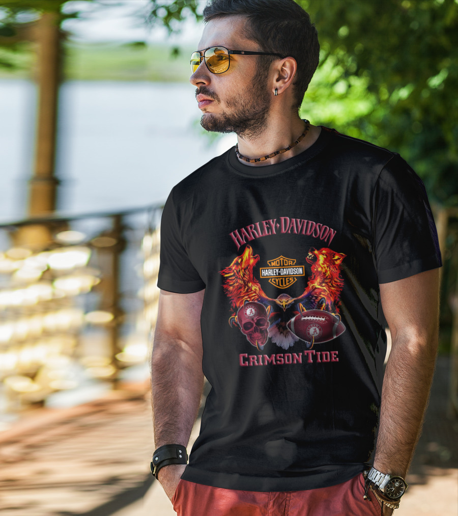 Harley Davidson Crimson Tide Motorcycle Alabama Football Wolves Eagle Skull T-Shirt