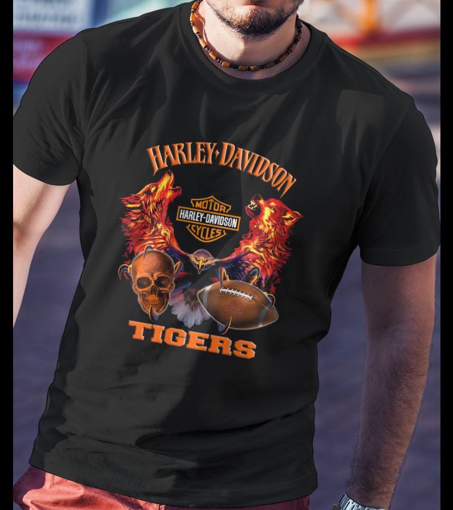 Harley Davidson Tigers Football Motorcycle Skulls Wolves T-Shirt