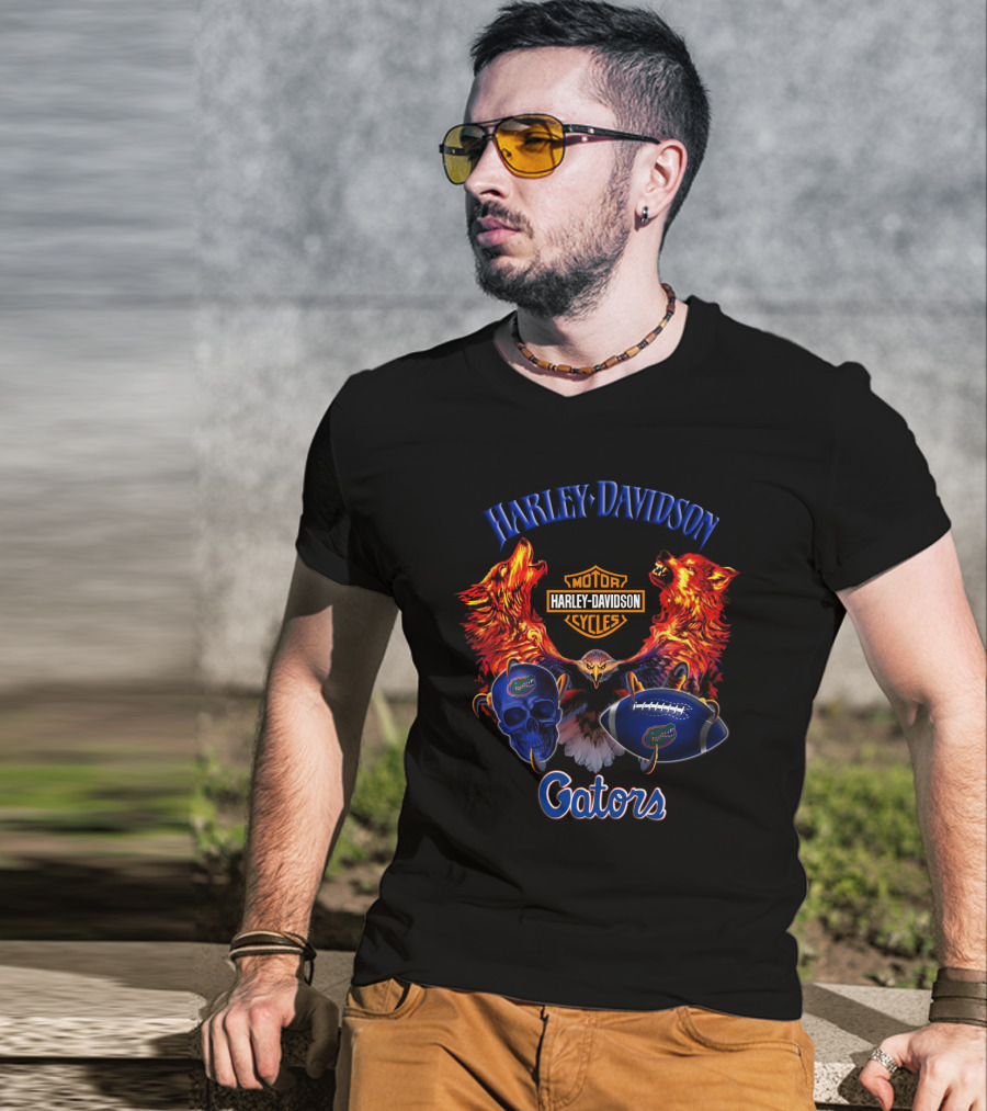 Harley Davidson Gators Florida Motorcycle Wolves Football Skull T-Shirt