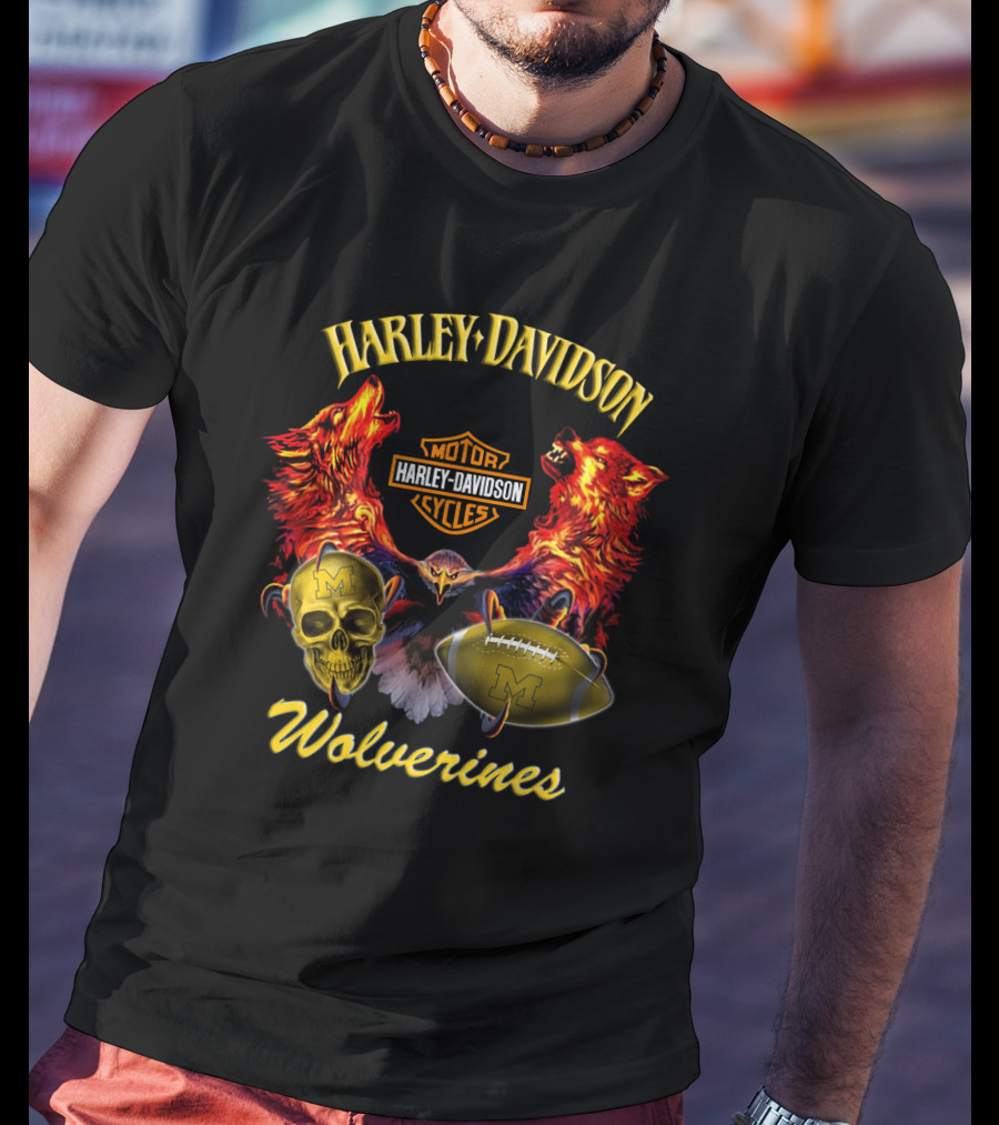 Harley Davidson Motorcycles Wolverines Football Skull T-Shirt