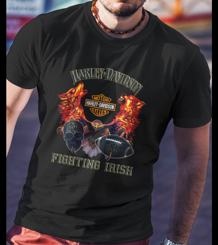 Harley Davidson Notre Dame Fighting Irish Football And Motorcycle Skulls With Eagles And Wolves T-Shirt