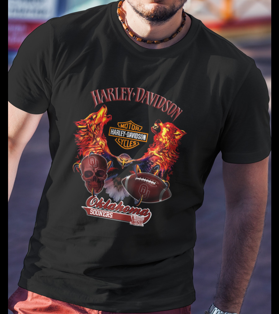 Harley Davidson Oklahoma Sooners Wolves Eagle Skull Football T-Shirt
