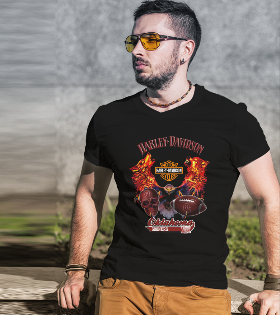 Harley Davidson Oklahoma Sooners Wolves Eagle Skull Football T-Shirt