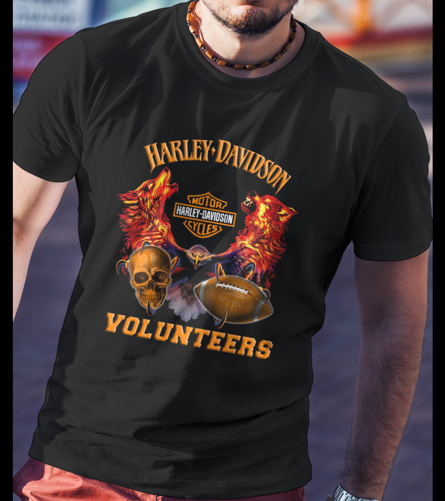 Harley Davidson Motor Cycles Tennessee Volunteers Wolves Skull Football T-Shirt