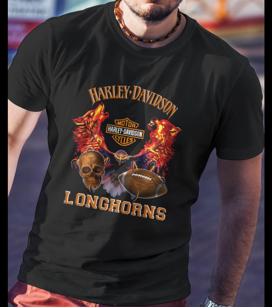 Harley Davidson Longhorns Texas Football Wolves Skull And Motorcycle T-Shirt