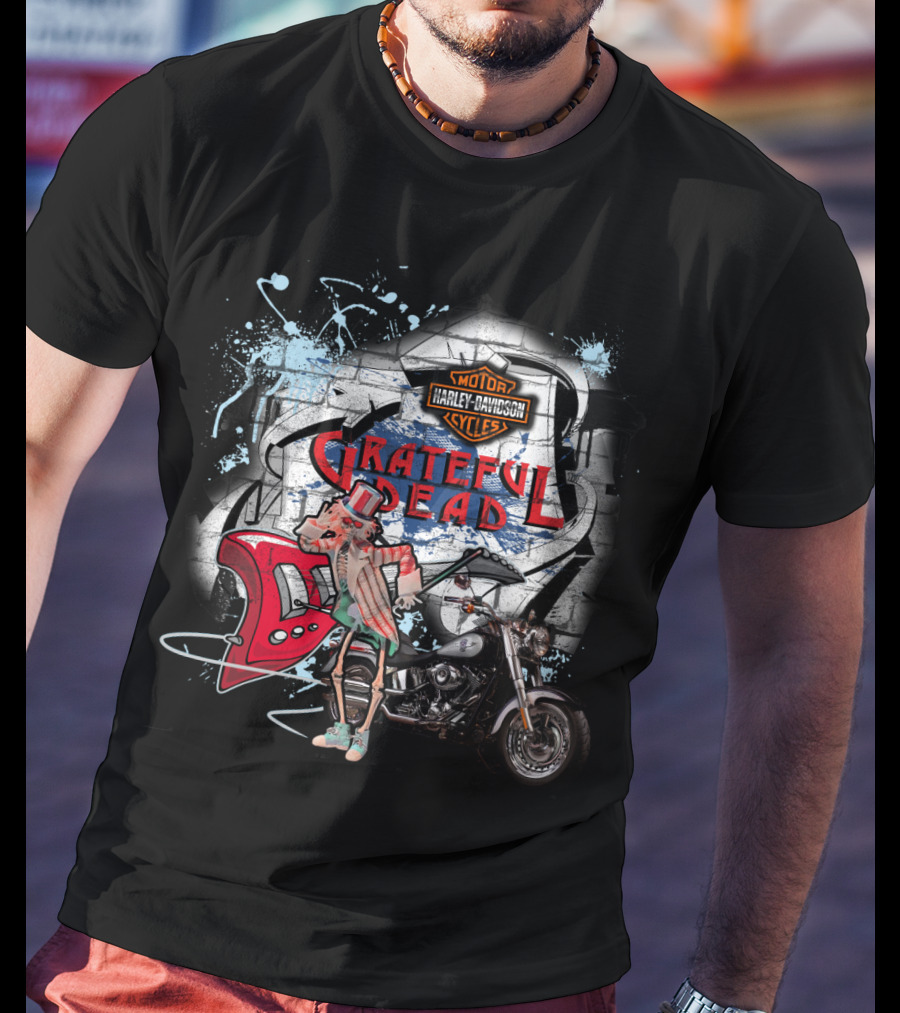Grateful Dead Harley Davidson Motorcycle Skeleton With Guitar T-Shirt