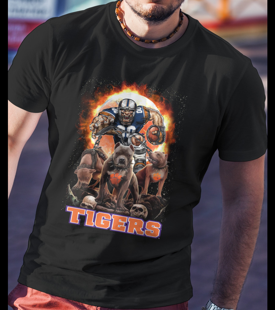 Tigers Football Warrior With Dogs And Skulls In Front Of Fiery T-Shirt