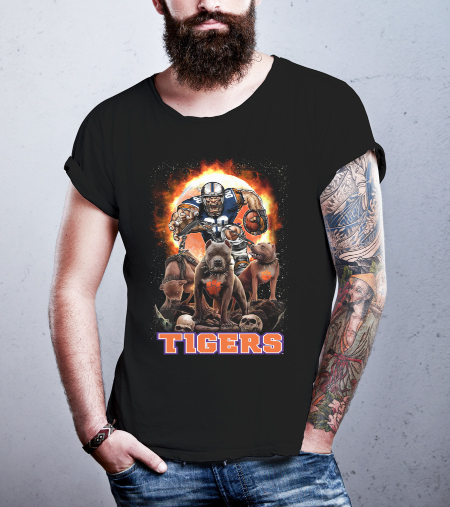 Tigers Football Warrior With Dogs And Skulls In Front Of Fiery T-Shirt