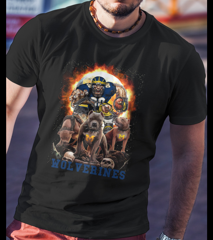 Michigan Wolverines Football Player With Dogs And Flames T-Shirt