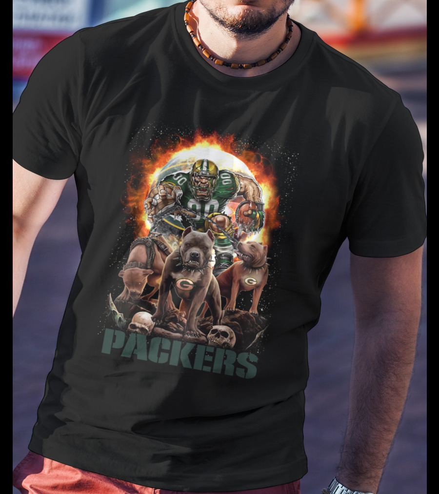 Packers Fierce Football Warrior With Dogs And Flaming T-Shirt