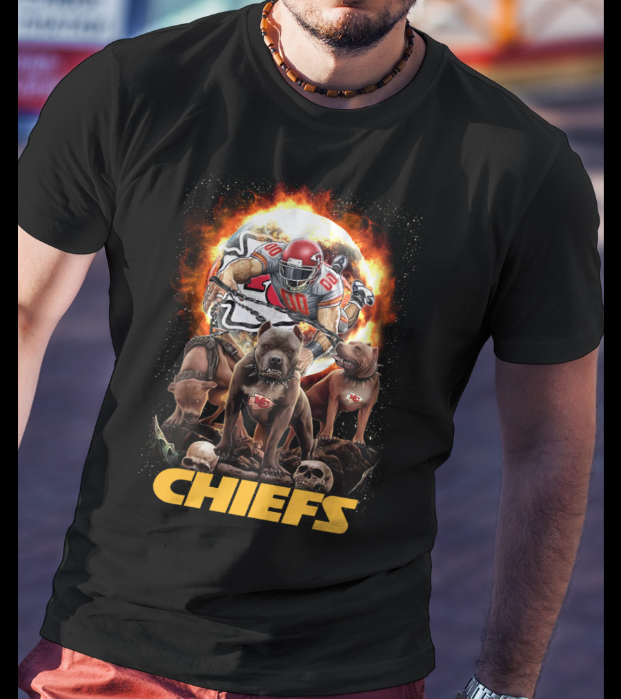 Chiefs Football Player With Dogs And Fiery T-Shirt