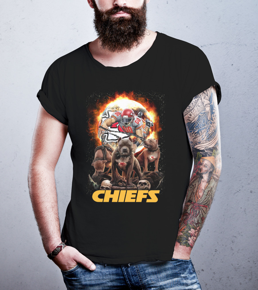 Chiefs Football Player With Dogs And Fiery T-Shirt