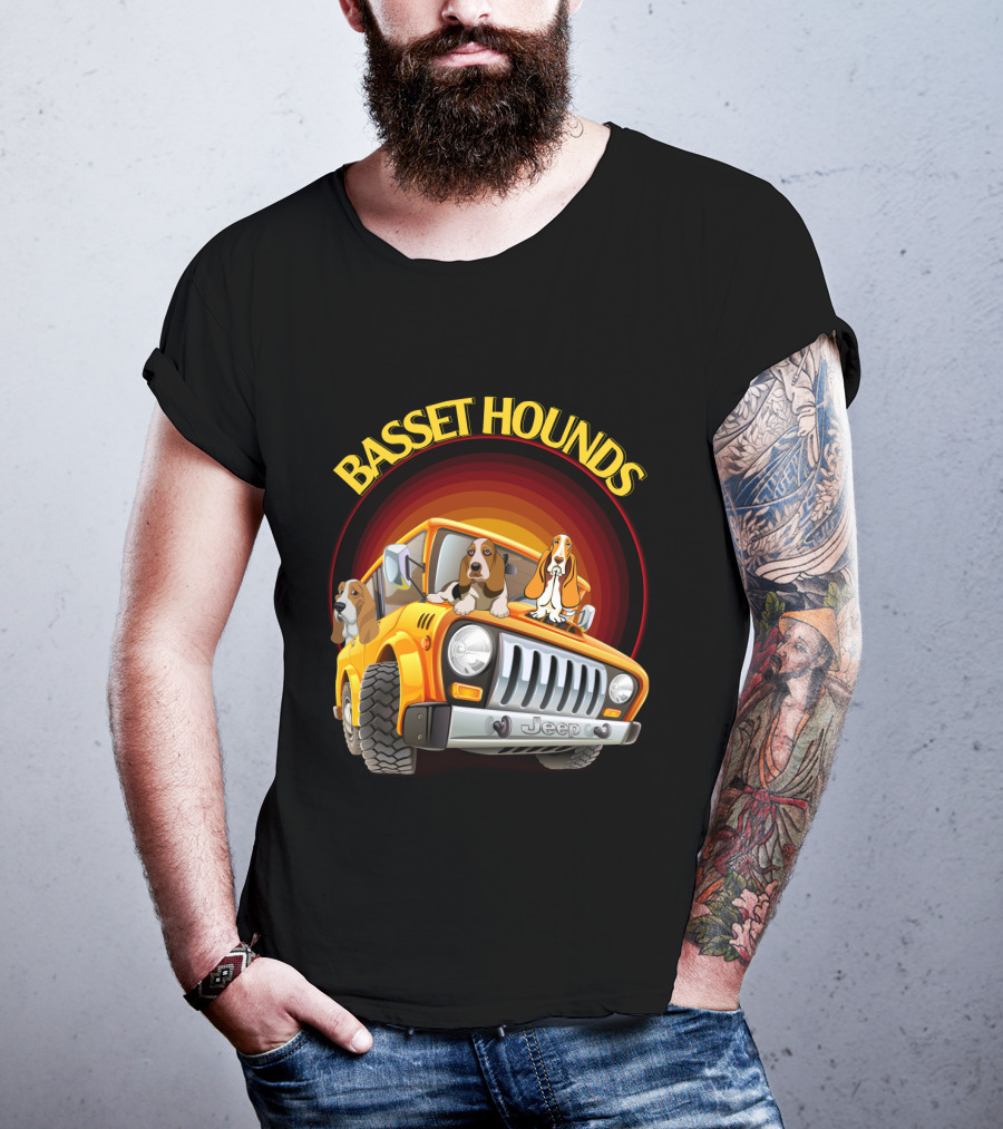 Basset Hounds Jeep Adventure With Dh 51 Basset Hounds Car T-Shirt