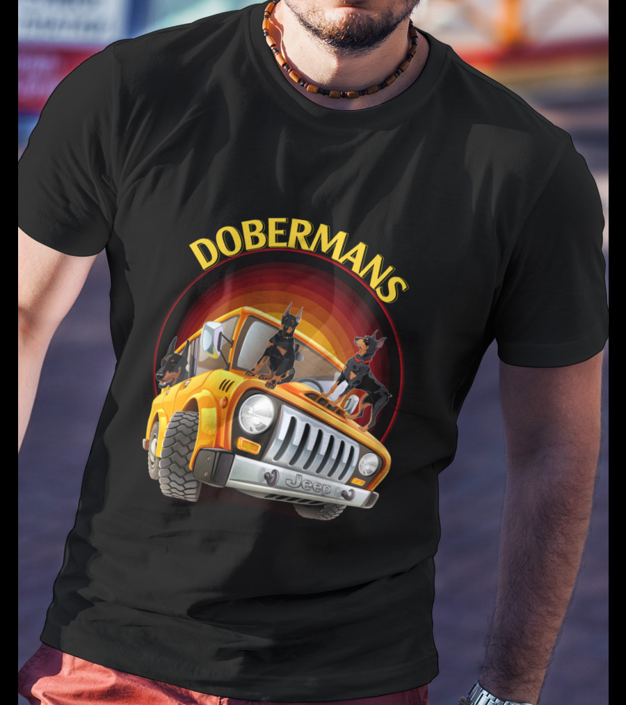 Dobermans Riding Yellow Jeep Adventure T-Shirt