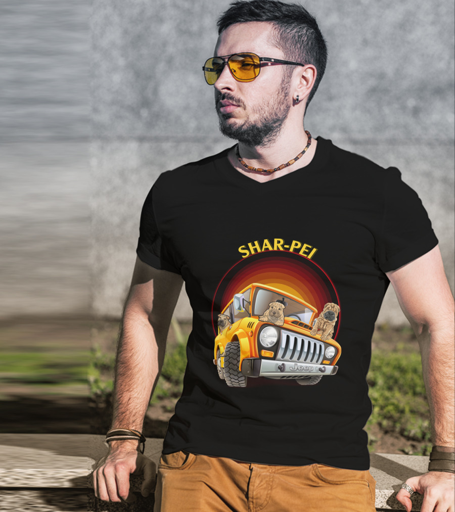 Shar-Pei Jeep Orange With Three Puppies T-Shirt