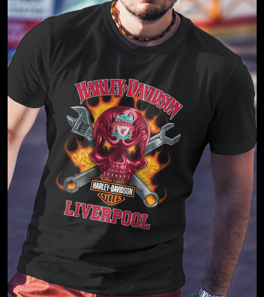 Harley Davidson Motor Cycles Liverpool Fire Skull Wrenches T-Shirt