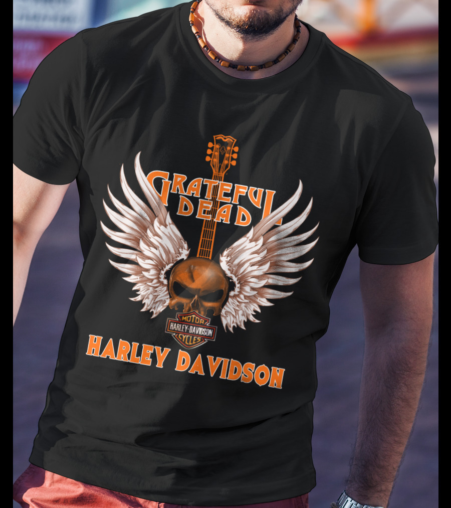 Grateful Dead Harley Davidson Skull Wings Guitar T-Shirt
