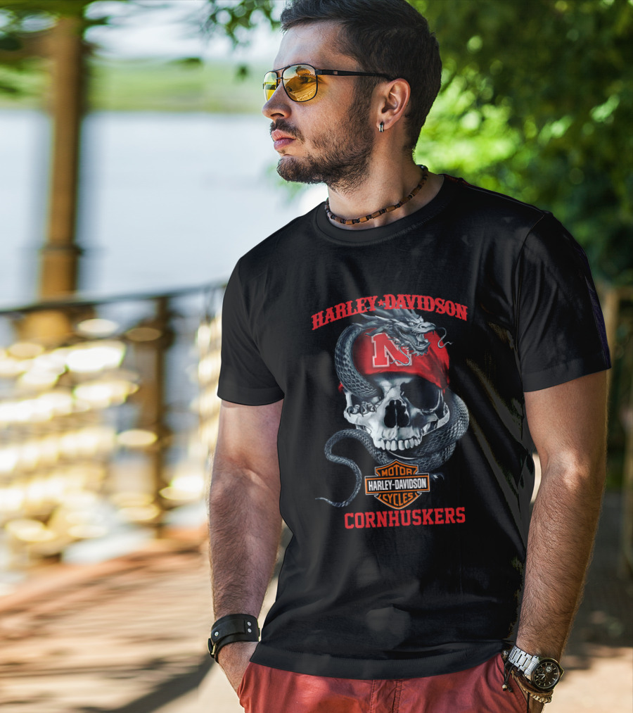 Harley Davidson Cornhuskers Skull Snake Nebraska N T-Shirt
