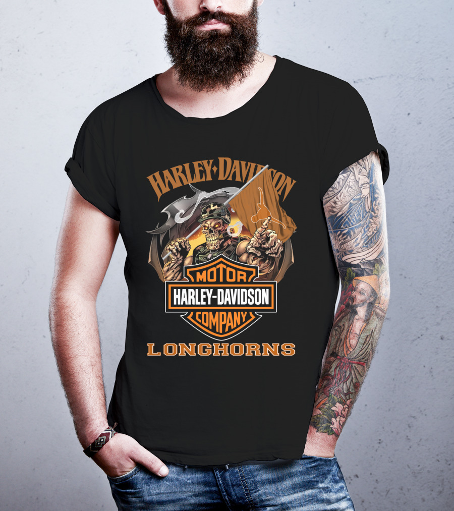 Harley Davidson Motor Company Longhorns Texas Skeleton Flag T-Shirt
