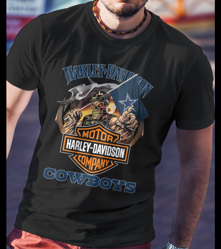 Harley Davidson Motor Company Cowboys Dallas Flag Skeleton T-Shirt