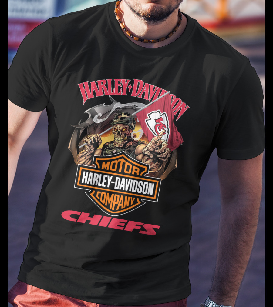 Harley Davidson Company Chiefs Kansas City Flag Skeleton Rider T-Shirt