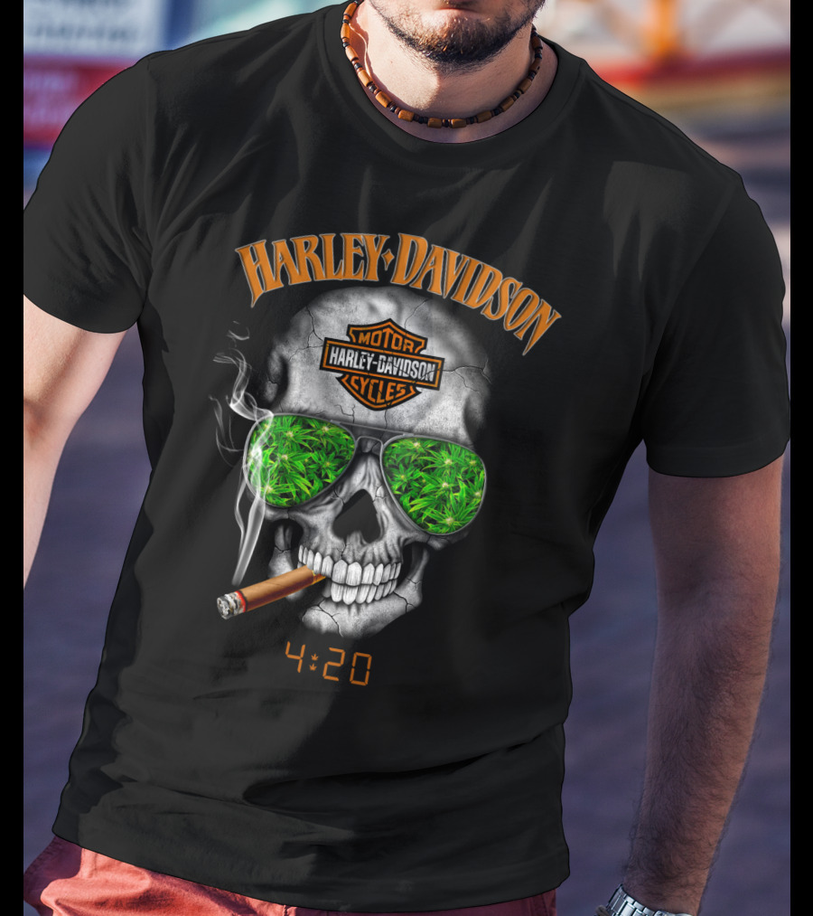 Harley Davidson Skull 4:20 With Cigar And Green Leaf Sunglasses T-Shirt