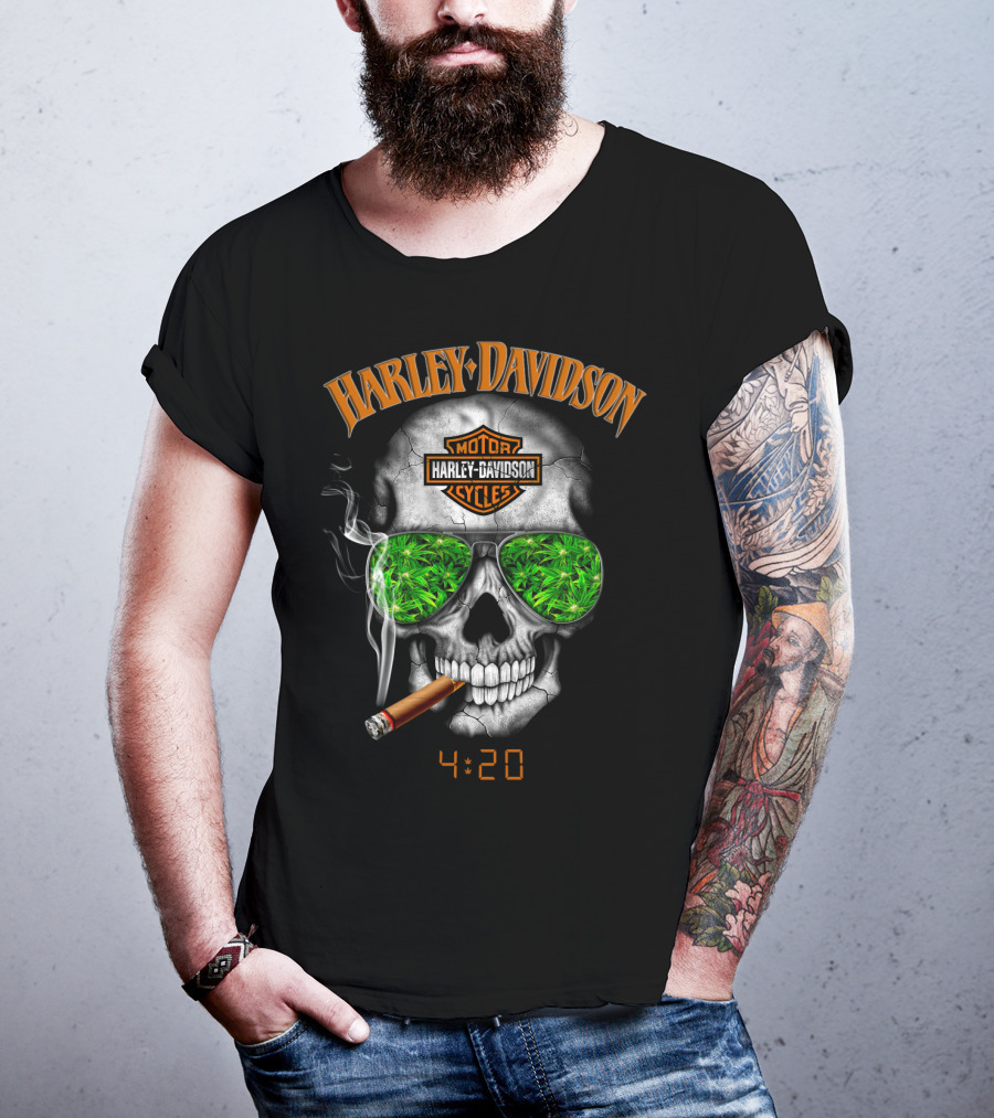 Harley Davidson Skull 4:20 With Cigar And Green Leaf Sunglasses T-Shirt