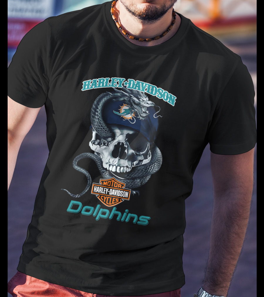 Harley Davidson Motor Cycles Miami Dolphins Skull T-Shirt