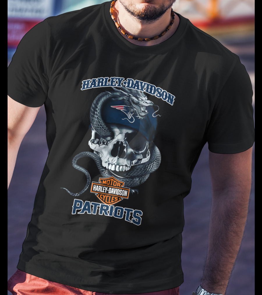 Harley Davidson Motor Cycles New England Patriots Skull And Dragon T-Shirt