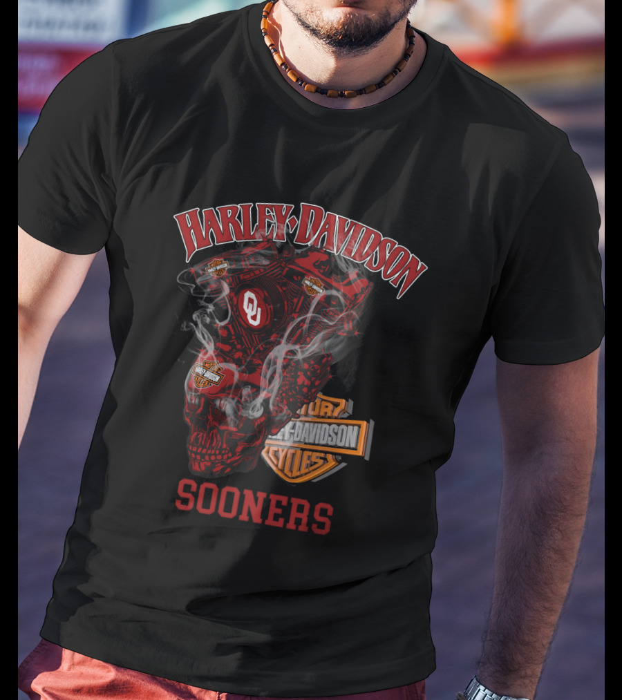 Harley Davidson Sooners Oklahoma Ou Motorcycle Engine Skull T-Shirt