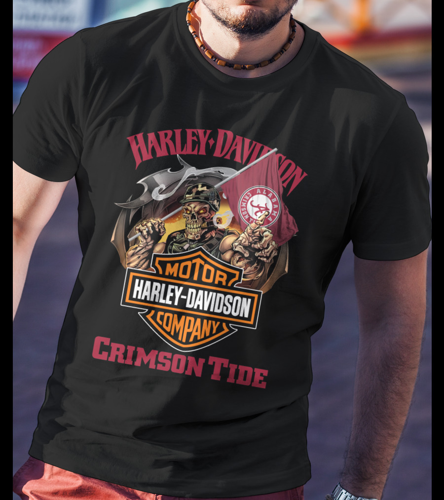 Harley Davidson Motor Company Crimson Tide Alabama Flag Skeleton T-Shirt