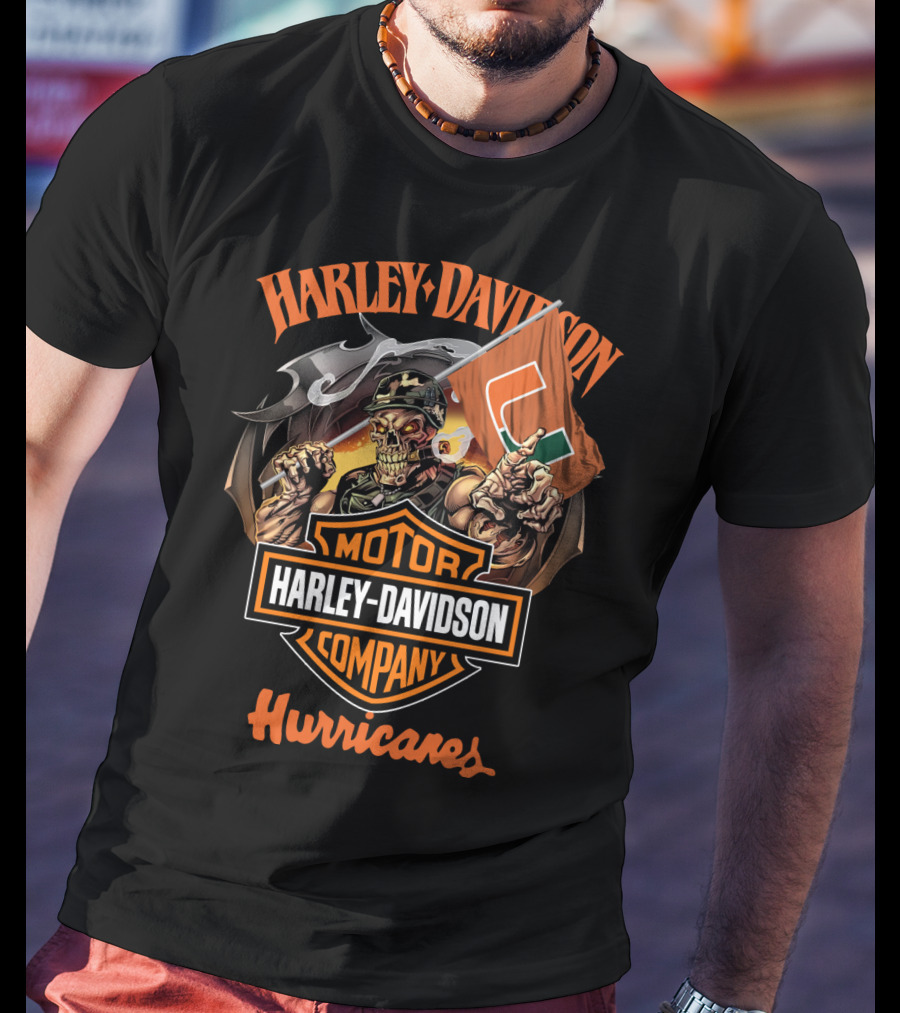 Harley Davidson Motor Company Miami Hurricanes Skeleton Flag T-Shirt