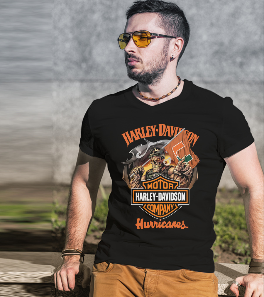Harley Davidson Motor Company Miami Hurricanes Skeleton Flag T-Shirt
