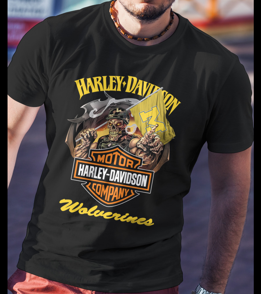 Harley Davidson Motor Company Michigan Wolverines 69 Flag Skeleton T-Shirt