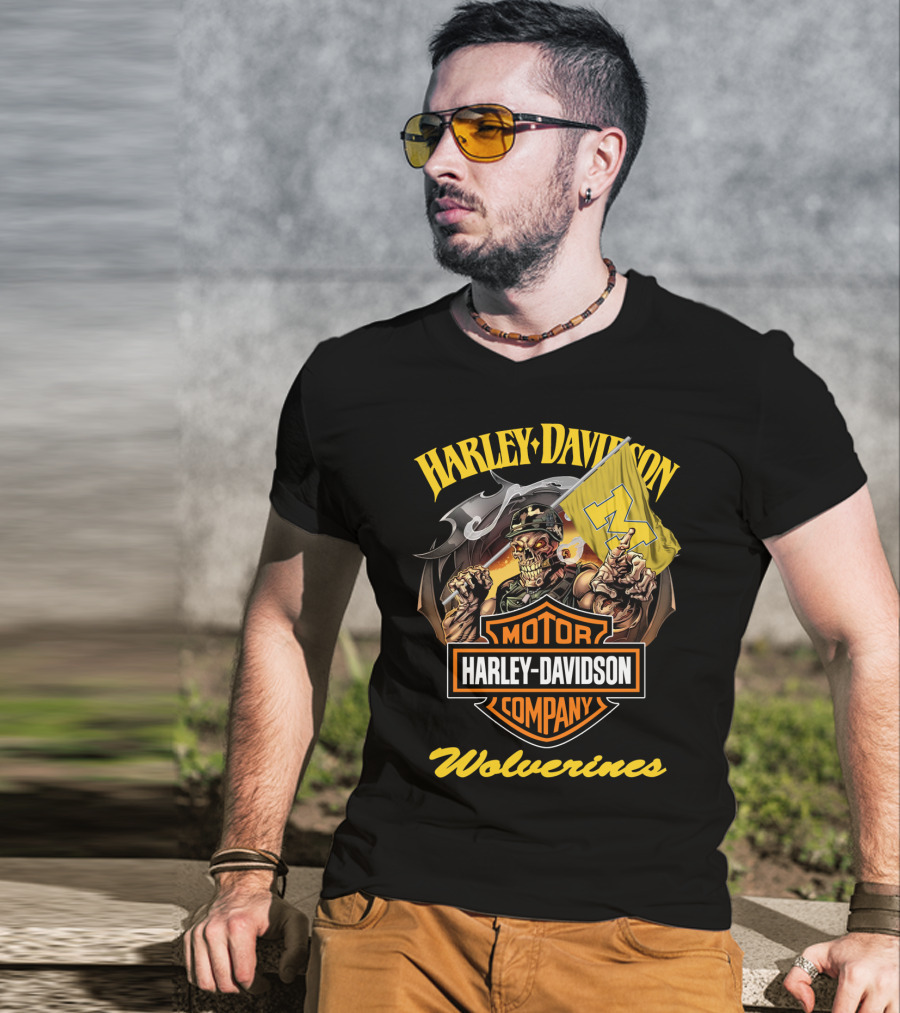Harley Davidson Motor Company Michigan Wolverines 69 Flag Skeleton T-Shirt