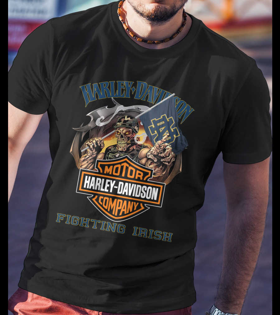 Harley Davidson Company Fighting Irish Notre Dame Flag Skeleton Rider T-Shirt