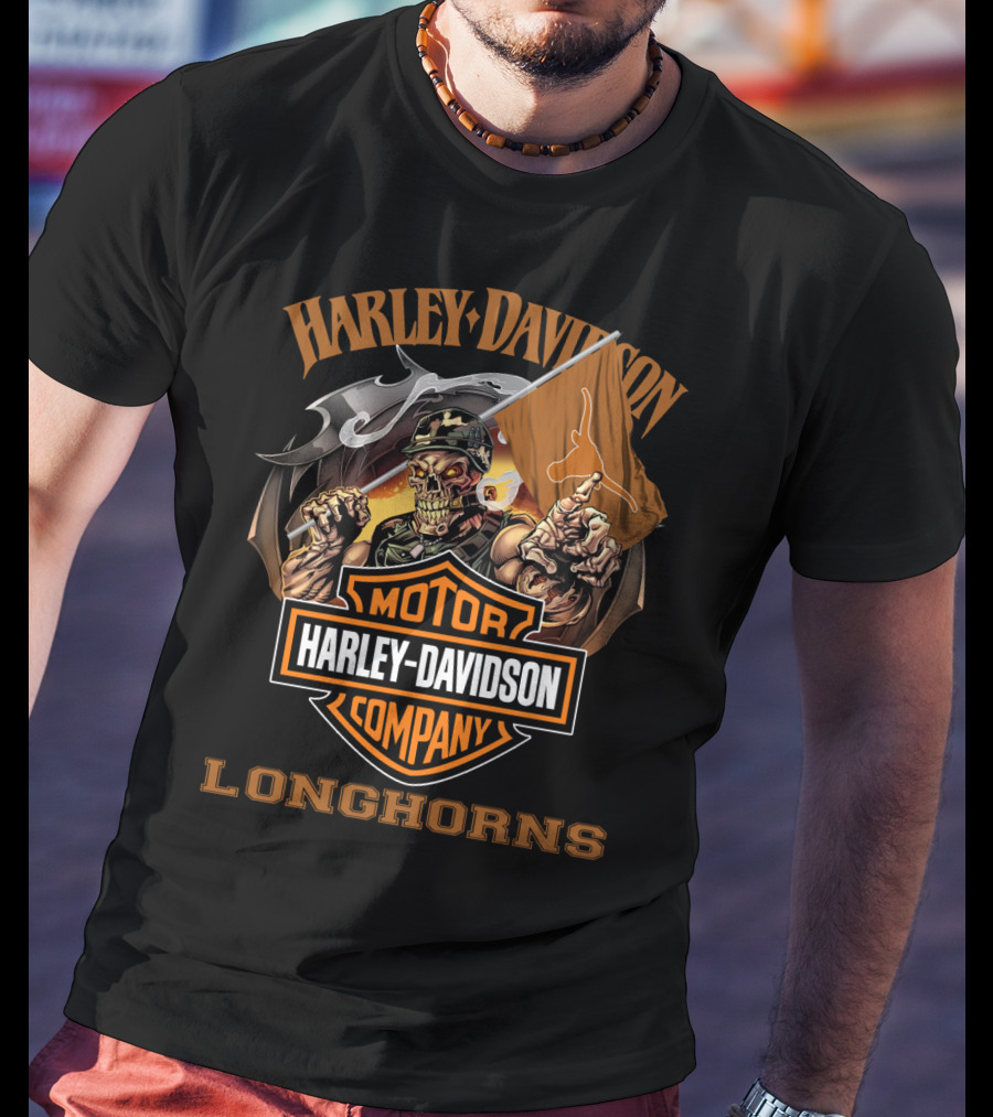 Harley Davidson Longhorns Skeleton With Flag Motor Company T-Shirt