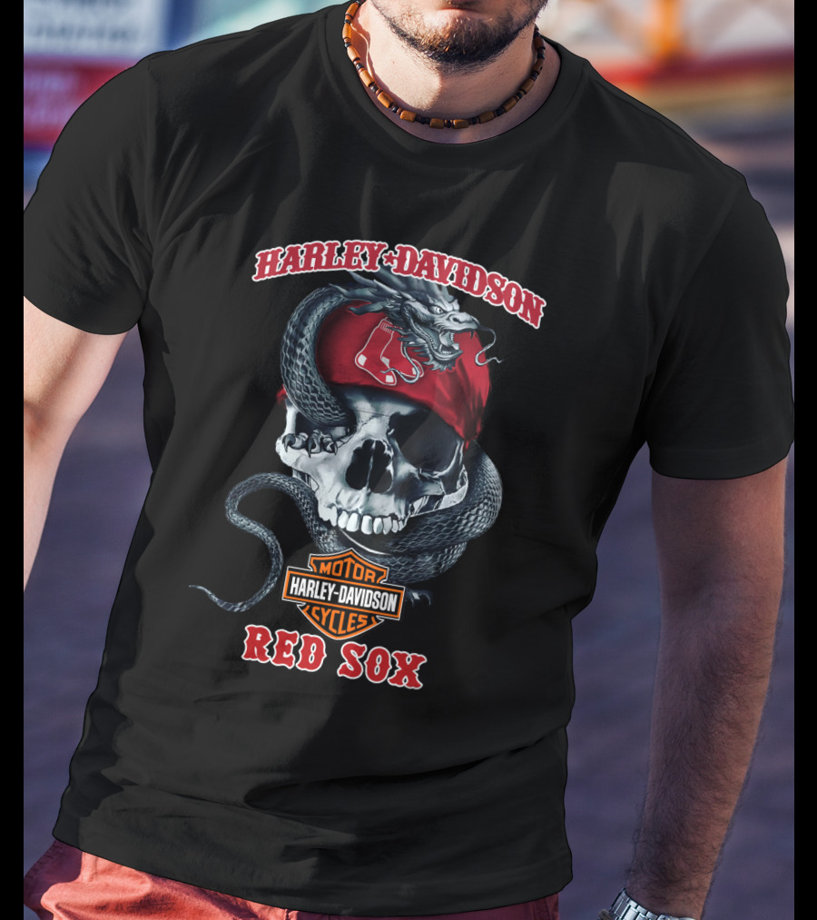 Harley Davidson Red Sox Skull With Snake And Motorcycles T-Shirt