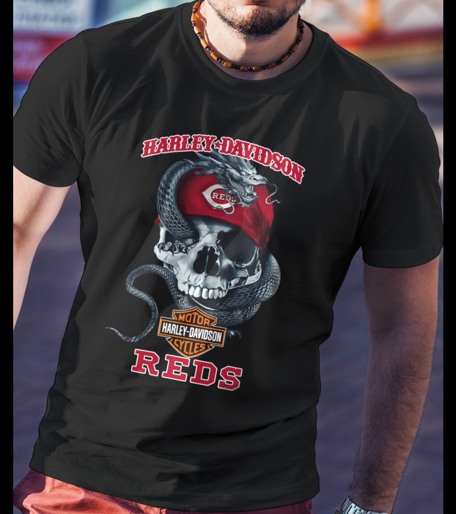 Harley Davidson Motorcycle Cycles Cincinnati Reds Skull And Snake T-Shirt