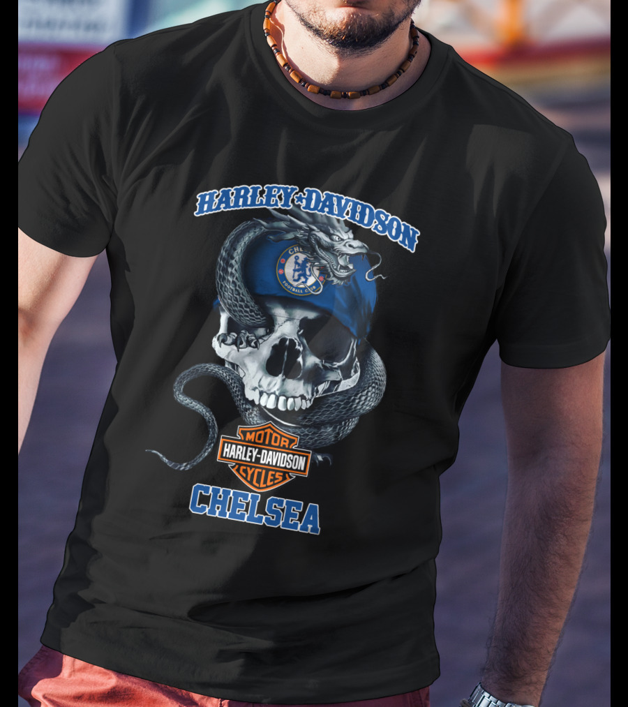 Harley Davidson Motor Cycles Chelsea Football Club Skull Snake T-Shirt